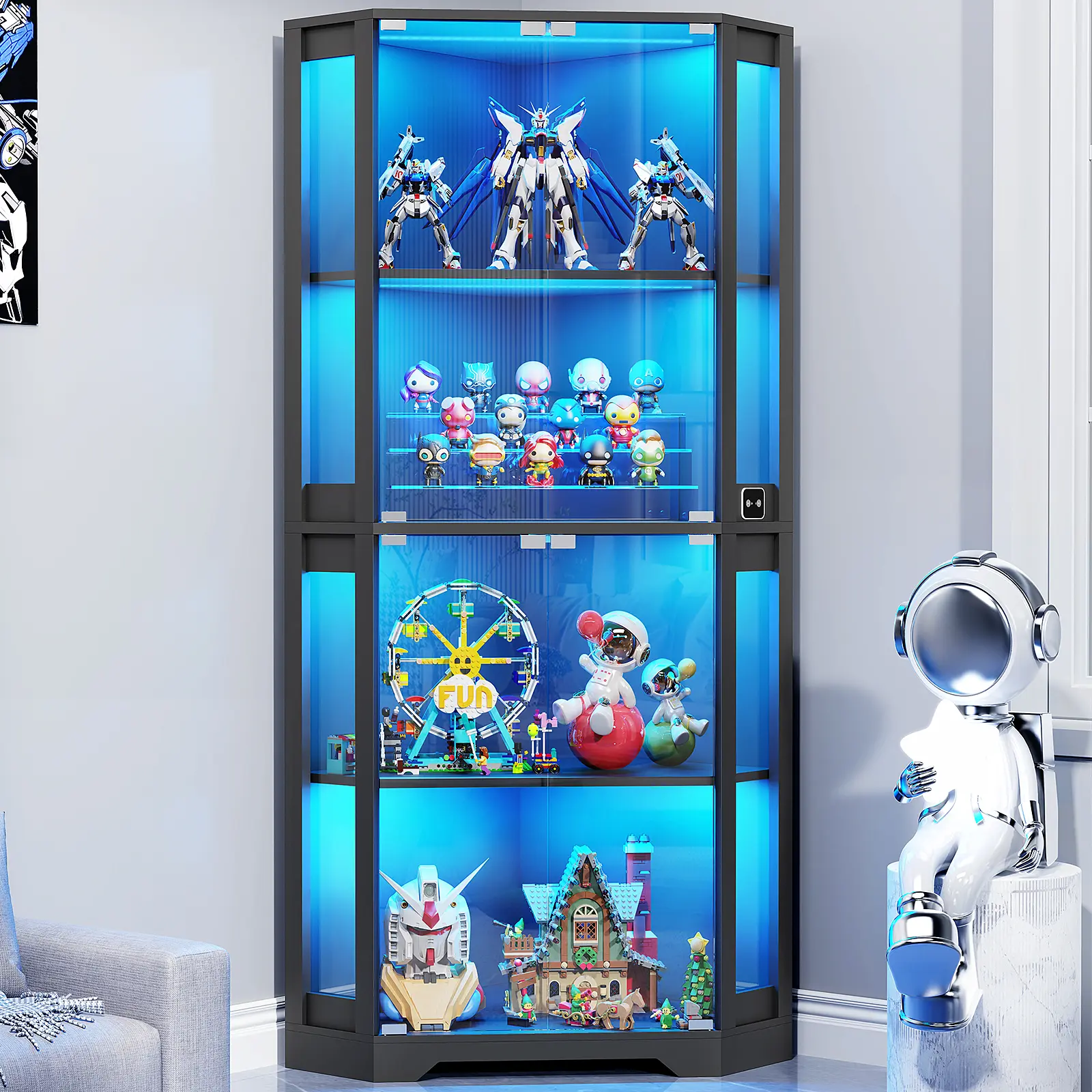 MIIFUNY Corner Display Cabinet with Glass Doors, 65" Lighted Curio Cabinet with 3 Color Lights for Collectibles, Toys, 4-Tier Showcase Display Case with Human Body Sensor for Living Room, Black
