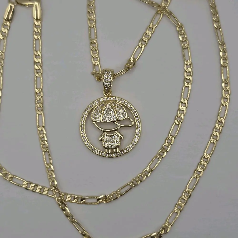 BOY necklace beautiful pendant circle with stone's figaro style chain 24"inches GOLD-PLATED
