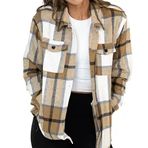CVG Khaki Shacket Casual Plaid Jacket with Button Front, Button Closure, and Chest Pockets for Comfortable Day Wear
