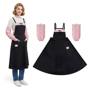 MUTIOVO Unisize Professional Uniform for Nail Tech, Black Apron with Pink Adjustable Sleeve Protectors, SupCooTec Fabric Smock for Barber, Artist & Pet Groomer, Waterproof & Bleach-Proof Work Dress
