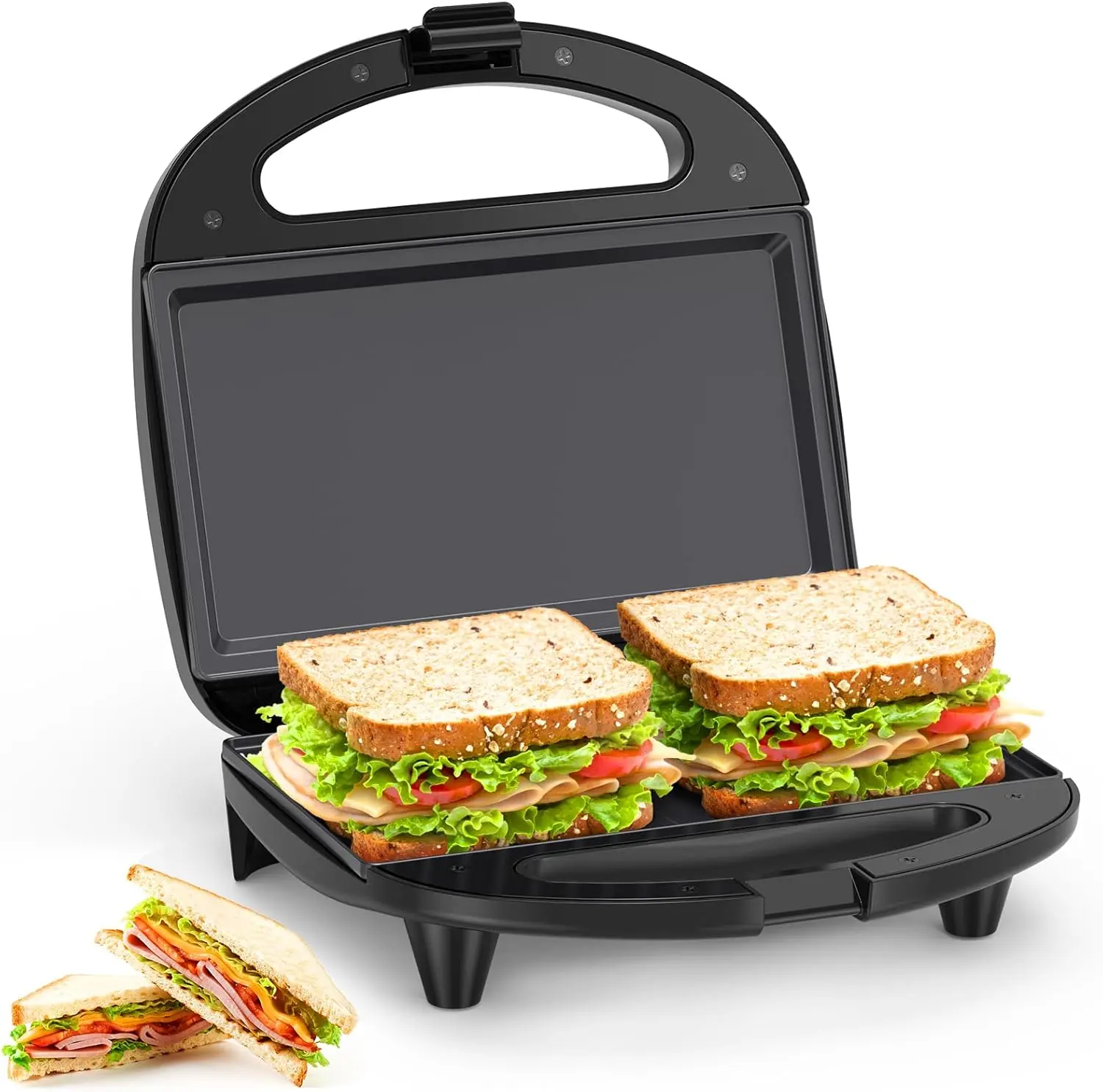 OSTBA 2-Slice Tabletop Griddle Sandwich Maker, 750W Electric Grill with Non-stick Flat Plates, Indicator Lights, Cool Touch Handle, Safe, Portable, Space-saving, Easy to Clean and Store, With Lights