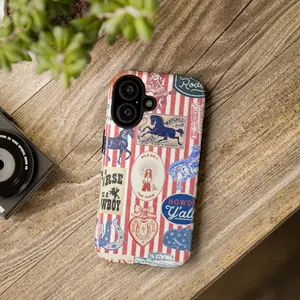 Vintage Western Cowboy and Rodeo Sticker Collage Tough Phone Case, Horseshoe Phonecover, Gift for him for her, Protective