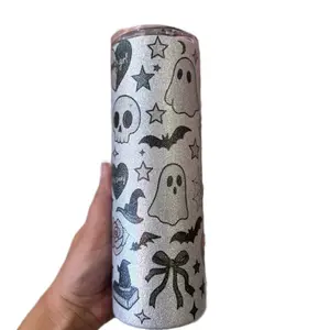 Glitter Halloween Tumbler with Skull Ghost Bat and Rose Designs Perfect for Spooky Season Drinkware Cup Portable Reusable