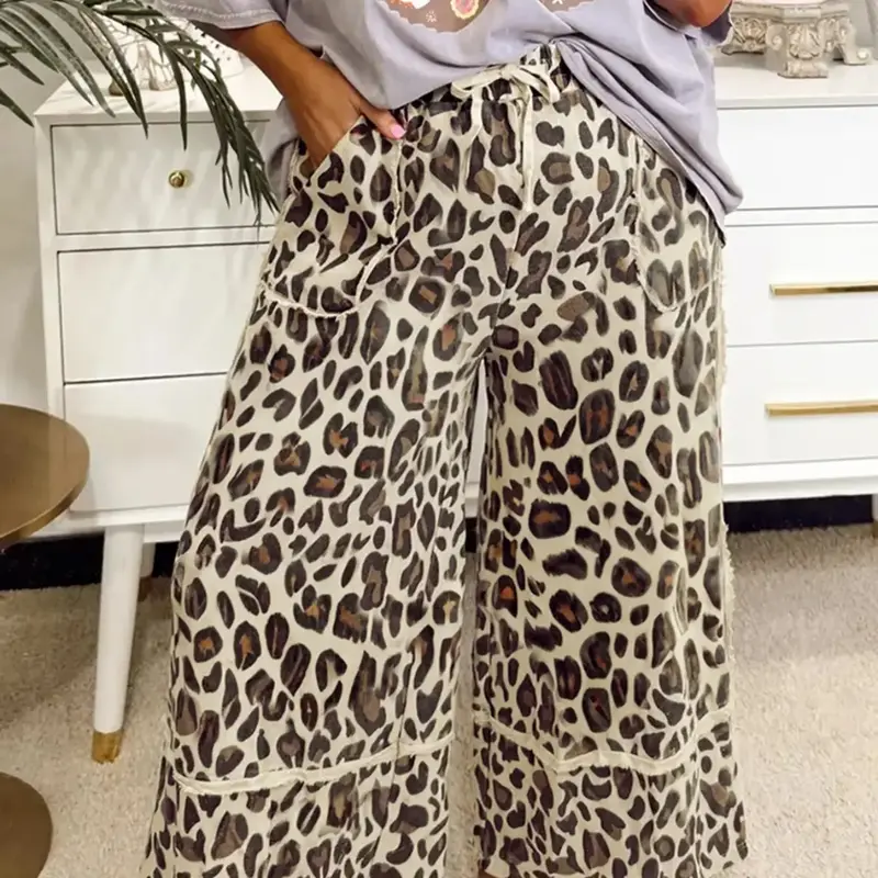 Hotapei Spring Autumn Casual Trendy Versatile Loose Leopard Print Wide Leg Nine-Quarter Pants, Casual Chic Loose Fitting Bottoms, Comfortable and Stylish Women's Fashion Trousers, Casual Comfy Trousers, Casual Boho Style Pants