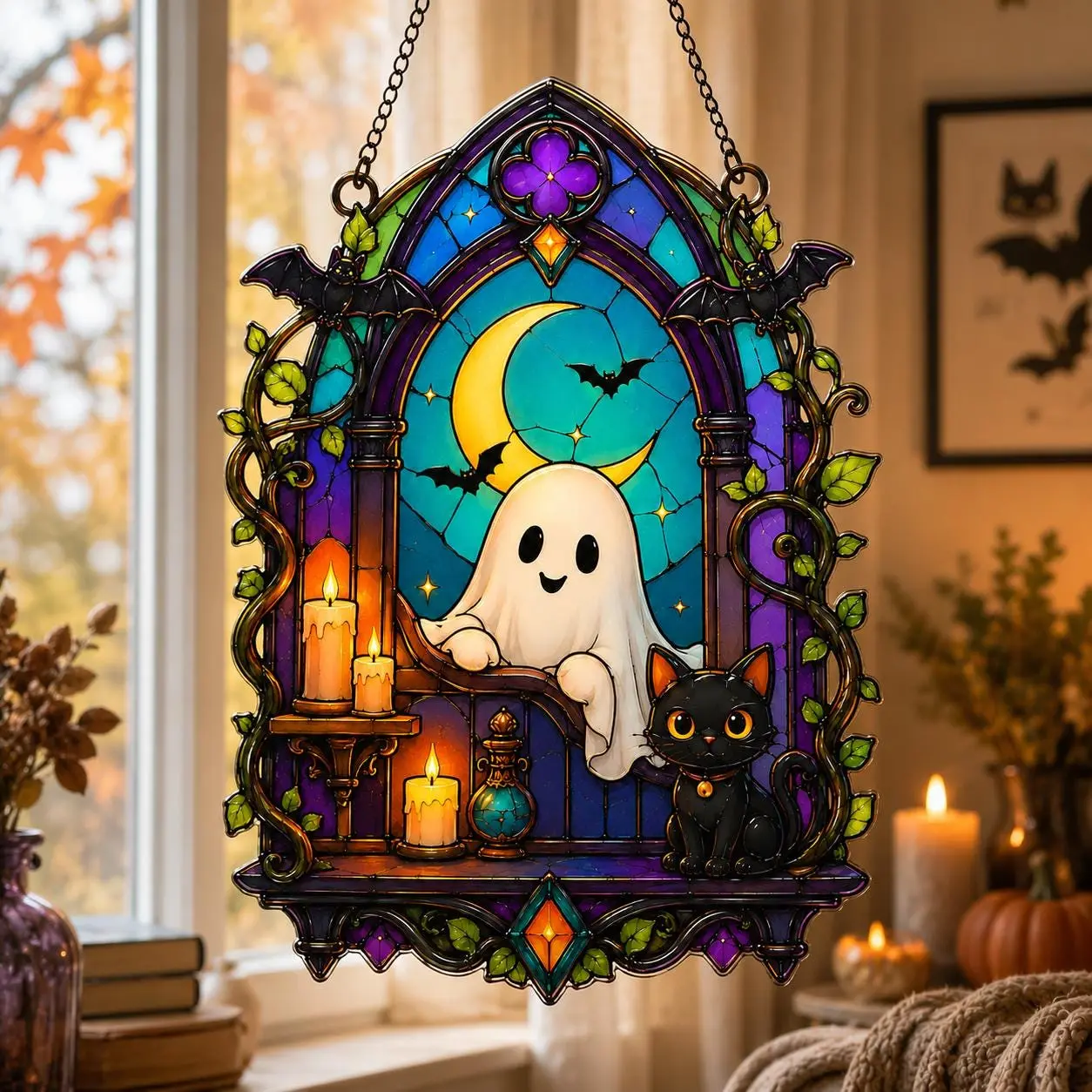 Ghost and Black Cat Acrylic Suncatcher, Window Hanging, Cat Lover Gift, Halloween Home
