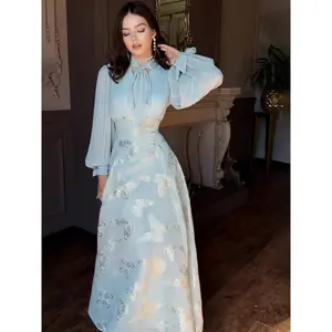 2025 Spring Elegant Noble Long Sleeve Romantic Gold-Stamped Dress for Women