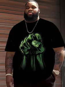 Plus Size Men's 100% Cotton T-Shirt - Green Giant Fist Graphic Print Retro Streetwear Style, Soft Breathable Fabric, Machine Washable, Big & Tall Regular Fit for Spring Summer Fall Casual & Work Wear, Ideal Gift, Summer Clothing, Street Style Apparel, Com