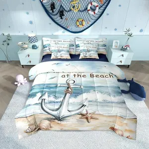 Nautical Anchor Comforter Set,7 Pieces,Ocean Sea Wave Bed Set for Boys Kids,Coastal Sea Star Shell Bedding Bed in a Bag