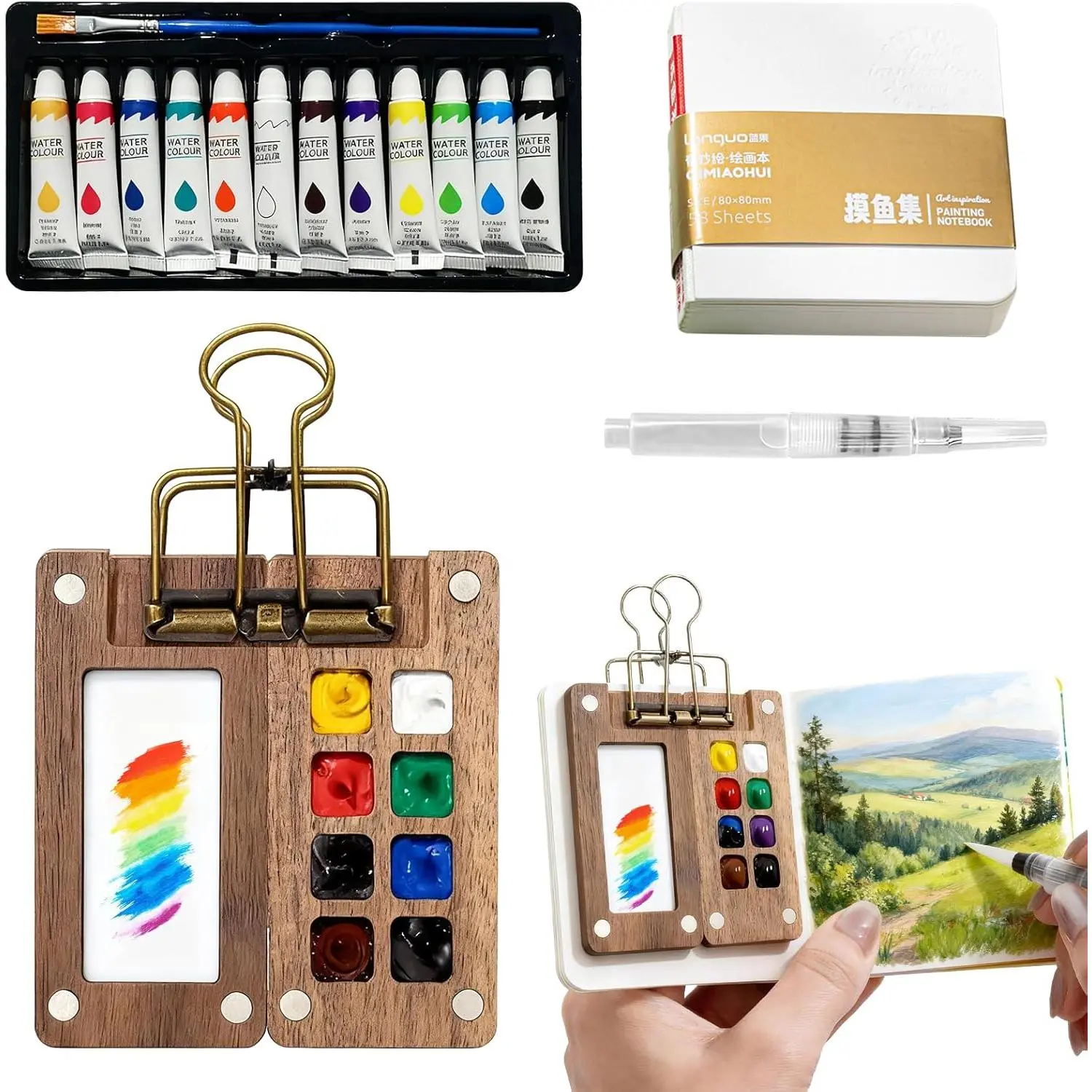 Mini Watercolor Travel Set, 12Color Pocket Painting Kit with Wooden Palette, Watercolor Sketchbook & Pen, All-in-One Portable Art Supplies for Artists & Travel Journaling