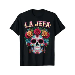 La Jefa Mexican Sugar Skull T-Shirt Day of the Dead Floral Tee with Rose Accents Soft Breathable Lightweight Shirt for Halloween Dia de los Muertos Mexican Festival Black Crew Neck Top Sizes S-XXXL Unisex Cotton Menswear Crewneck