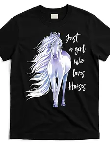 horse-just-a-girl-who-loves-horseback-riding-equestrian-farm-meaningful-gift-t-shirtSame style for men and women   summer short-sleeved printed T-shirt pure 220G