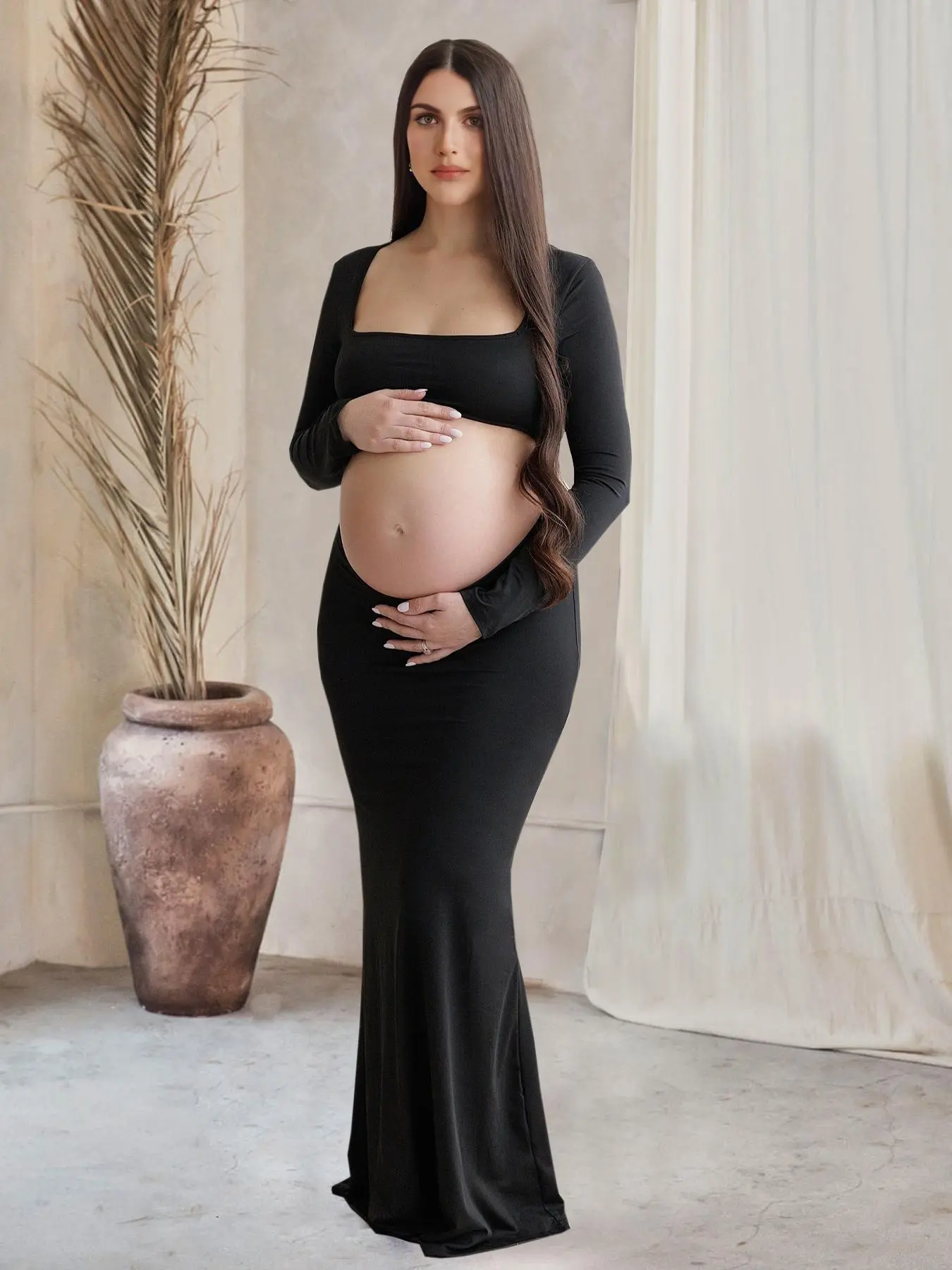Maternity Solid Cut Out Backless Dress, Long Sleeve Square Neck Maxi Dress for Photoshoot Baby Shower Party, Maternity Clothes, Maternity outfits, Maternity clothing, Maternity Apparel, Pregnancy Clothes, Pregnant Dresses for Fall, Maternity Dresses