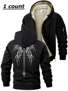 Skeleton Wings Print Sherpa Fleece Lined Fitted Jacket for Men, Fall Winter Warm Thermal Plush Hooded Long Sleeves Coat, Sporty Casual Outwear Outfits Tops, Kangaroo Pocket & Zipper Pocket Sleeve