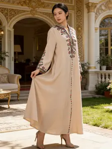 Elegant Muslim Women's Traditional Arabic Robe with Delicate Cord Embroidery, All Seasons Wear, Loose-Fitting Ethnic Pattern, Stylish and Comfortable