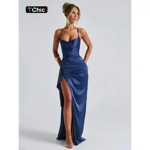 Women's Plain Ruched Criss Cross Split Thigh Cami Dress, Elegant Sleeveless Zipper Back Maxi Dress for Party Club Dating Wear, Ladies Summer Clothes