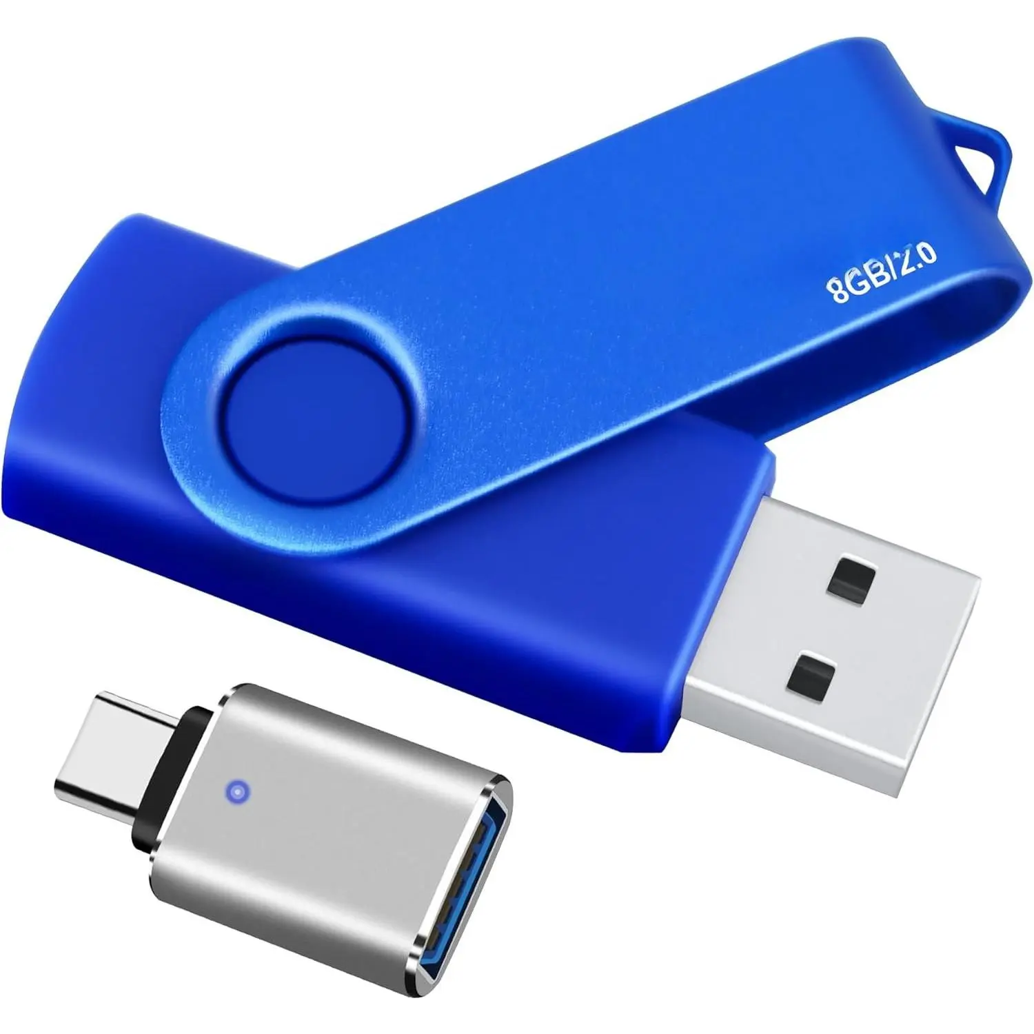 8GB USB 2.0 Flash Drive and 1 USB C Adapter, Thumb Drive USB Memory Stick Jump Drive, Compatible with OTG Type C Phones, Tablets, Laptop, PC (Blue)