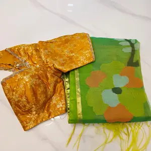 Green Muslin Jamdani Saree with Rich Yellow Pattu blouse
