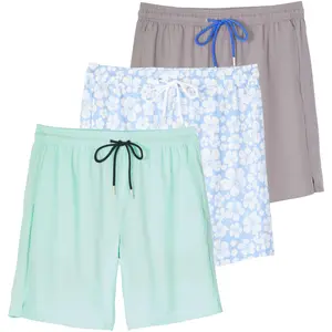 Real Essentials 3 Pack: Men's 9" Inch 2 in 1 Board Shorts with Compression Liner - Bathing Suit with Back Flap Pocket