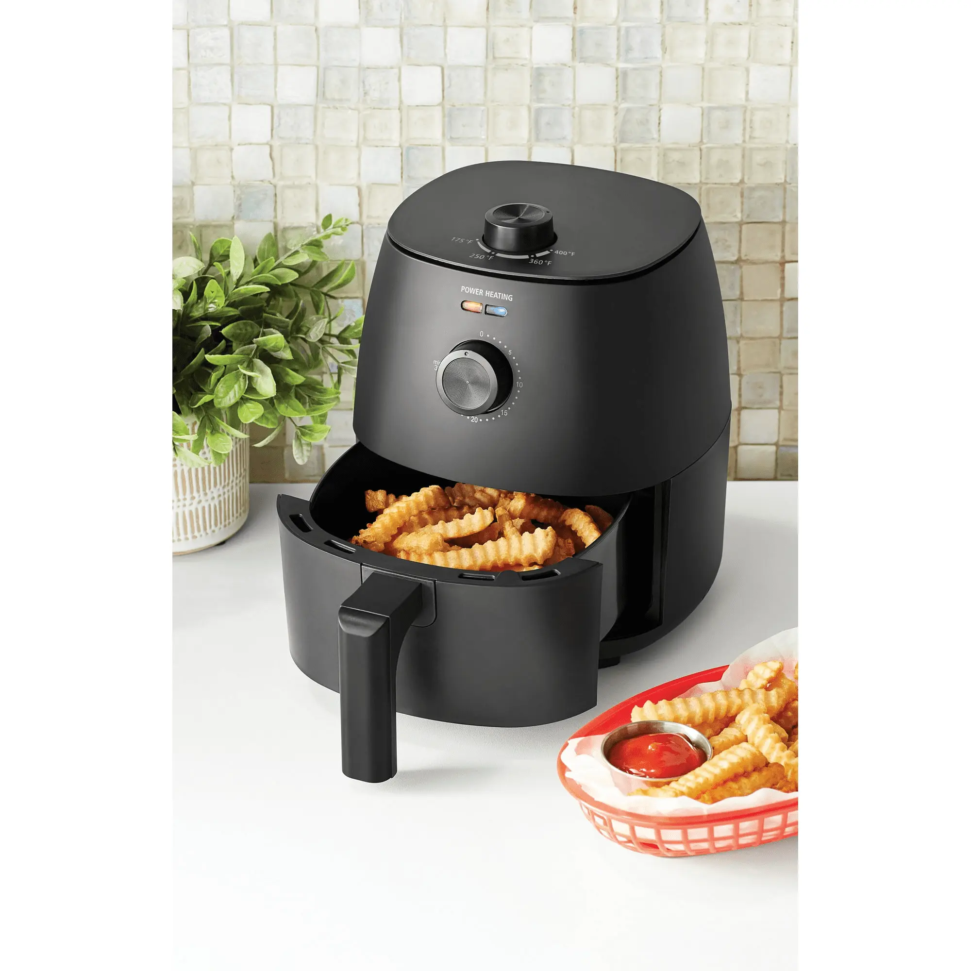 Mainstays 2.2 Qt Arctic Black Air Fryer with Non-Stick Basket - Countertop Kitchen Appliance, Compact Form, 120V, 60Hz, Oil-Free Frying, Auto Shut-Off, Easy to Operate for Dorm Room Use