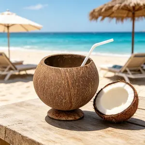 2-Pack 13-20oz Natural Coconut Shell Cups, Drinking Cup, Hawaiian Tropical Theme Party Supplies, Coffee Shop Ice Cream Restaurant Decor, Plant Cultivation Cup, Drinkware