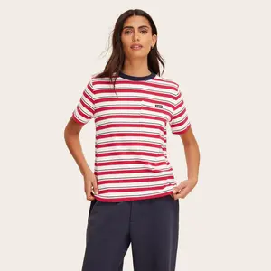 Women's Short Sleeve Crewneck Pocket T-Shirt - Parke Red/Navy Striped XS