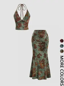 Women's Floral Deep V Neck Crop Top & Fish Tail Skirt Set, Sexy Two-Piece, Chic, Back-To-School Fashion, All-Over Print Design