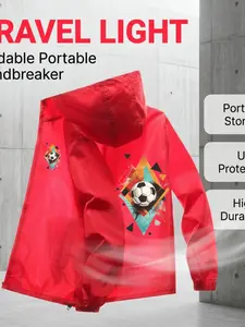 Soccer Print Foldable Windbreaker, Portable Hooded Jacket with Upf 50+ for All Seasons, Durable & Compact for Outdoor Training & Urban Travel
