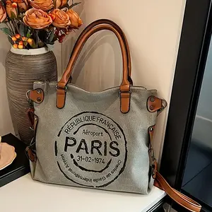 Vintage Paris Stamp Canvas Tote Shoulder Bag - Sturdy, Spacious, And Ultra-Lightweight With Zipper Closure, Removable Crossbody Strap, And Polyester Lined Interior - Perfect For Daily Commutes, Work, Travel, School, And Outdoor Activities