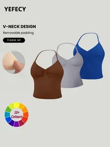 Women's Seamless Fitness Tank Top 3-Pack, Halter Neck Design, Detachable Pads, Removable Padded, Soft Stretchy Fabric, Ideal for Pilates and Yoga, Seamless Construction, Yoga Workout Vest, Tight Sports Vest