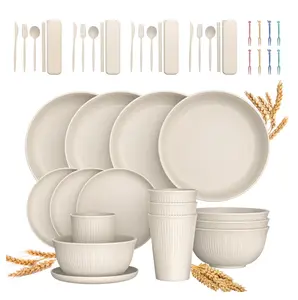 48 Pcs Wheat Straw Dinnerware Sets For 4 Unbreakable Reusable Plates Bowls Travel Camping Cutlery Dishwasher Microwave Safe Beige