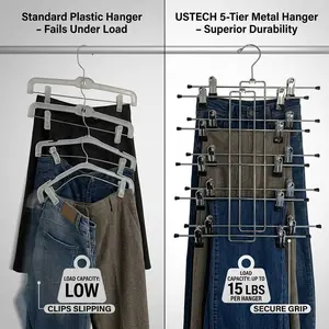 Pants Skirt Hangers Space Saving Heavy Duty 5 Tier Pack of 3 Metal Hangers - Clothes Hangers, Stainless Steel Hangers with Clips for Pants, Skirts, Jeans- Durable and Non-Slip Clothes Hangers