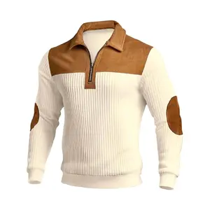 Men's Polo Half-Zip Collar Colorblock Long Sleeve Shirt, Polyester Fabric, Ideal for Autumn Winter Daily Wear