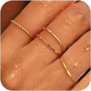 Waterproof Gold Stackable Rings for Women Non Tarnish,Dainty 14K Gold Plated Thin Thumb Ring Set Trendy Minimalist Rings for Women