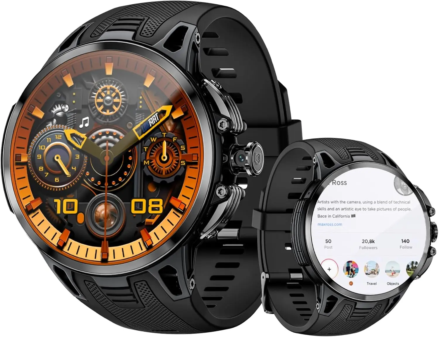 LOKMAT 4G Android Smartwatch - 1.75'' AMOLED Screen, 3GB+32GB Sports Fitness Tracker, Men's Wearable Device with SIM Slot, Rotating Camera, GPS, NFC, WiFi (Black)