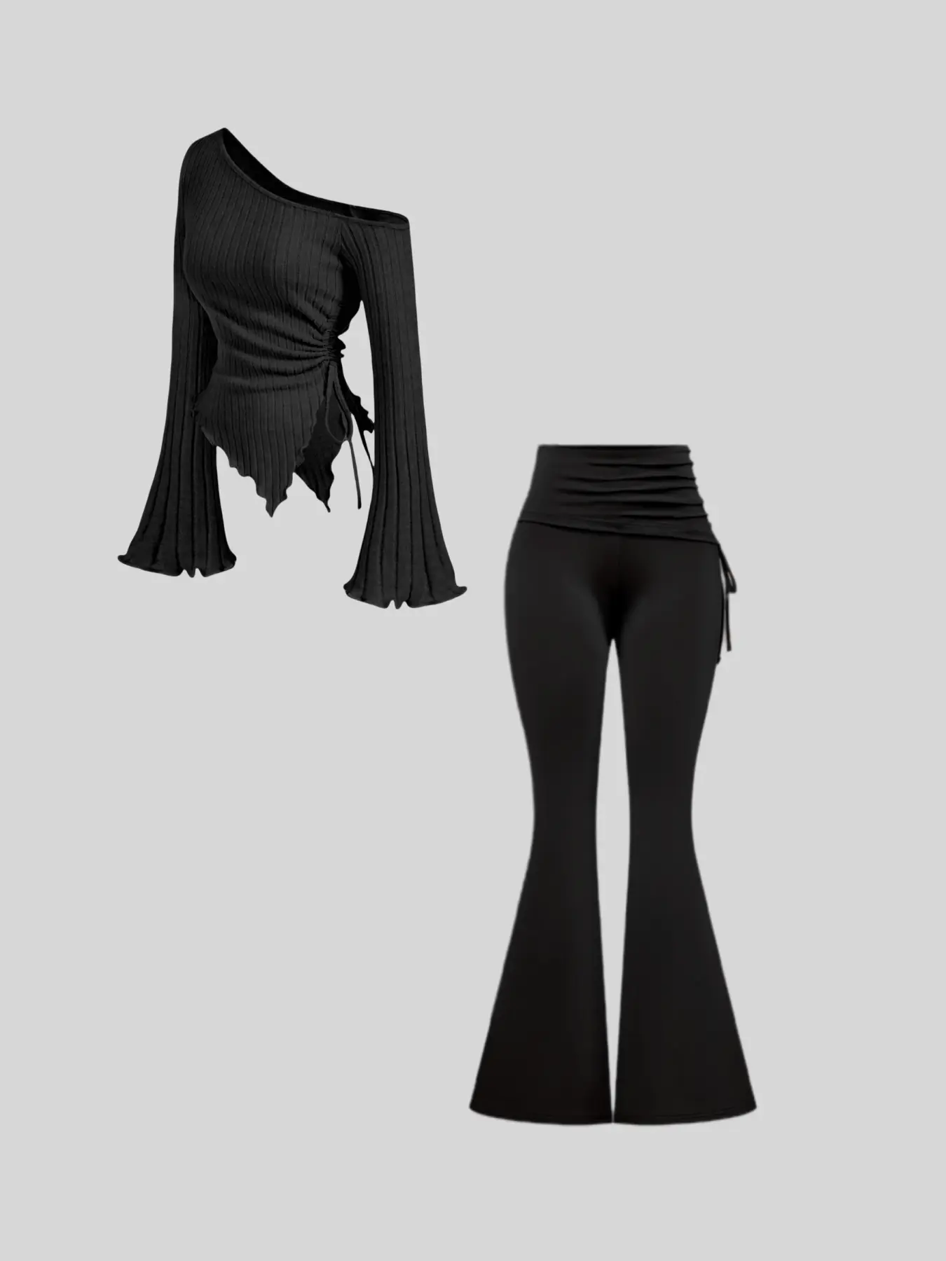 Classic women's irregular long sleeves off-shoulder paired with high-waist drawstring trousers set, Casual Matching Sets, Clothes, Fall outfit, Fitted, Womenswear