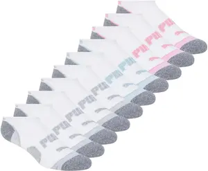 PUMA Women's Sports Athletic Socks for Female Adults, No-Show Style, 5-9.5 Shoe Size, White, 10 Pairs, Cushioned, Mesh Ventilation, Moisture Wicking, Arch Support, Machine Washable, All Seasons