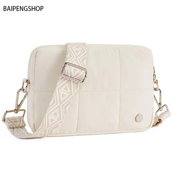 Women's Quilted Puffer Crossbody Bag - Lightweight Casual Chic Travel Purse with Adjustable Multi-Color Woven Strap, Plain Stylish Daily Accessory, Ideal for Gift-Giving Occasions