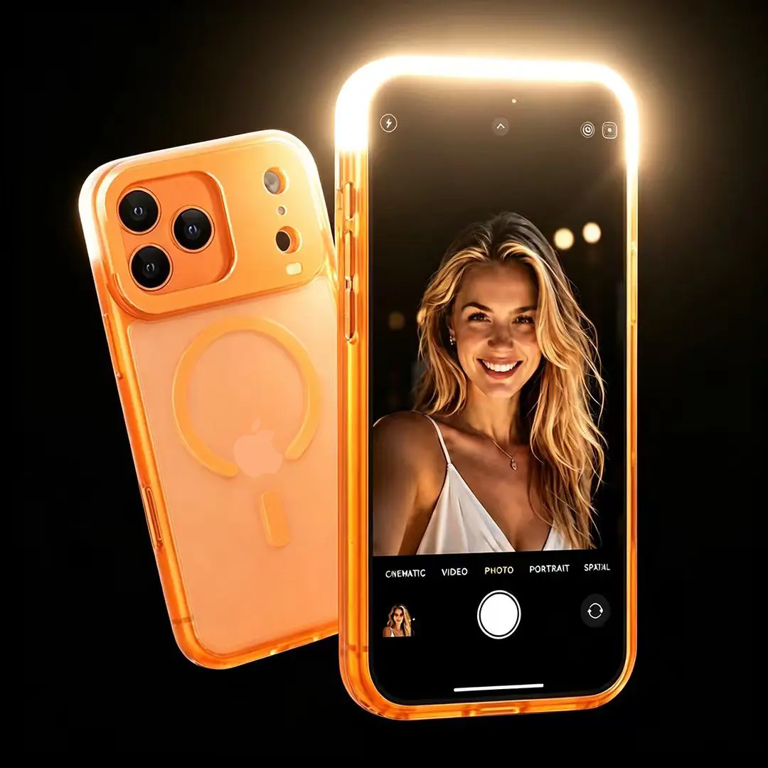 Top LED Selfie Fill Light Case for iPhone 13/14/15/16/17 Series, 3 Brightness Levels Adjustable Night Makeup Flash Light, Type-C Rechargeable Built-in Battery, MagSafe Magnetic Matte Anti-Fingerprint Protective Phone Cover GGBON