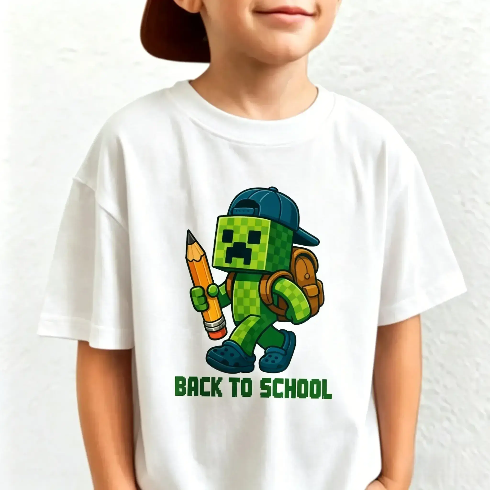 Back To School Minecraft Creeper With Pencil Backpack Graphic T-Shirt, Boys Cartoon Game Short Sleeve Tee
