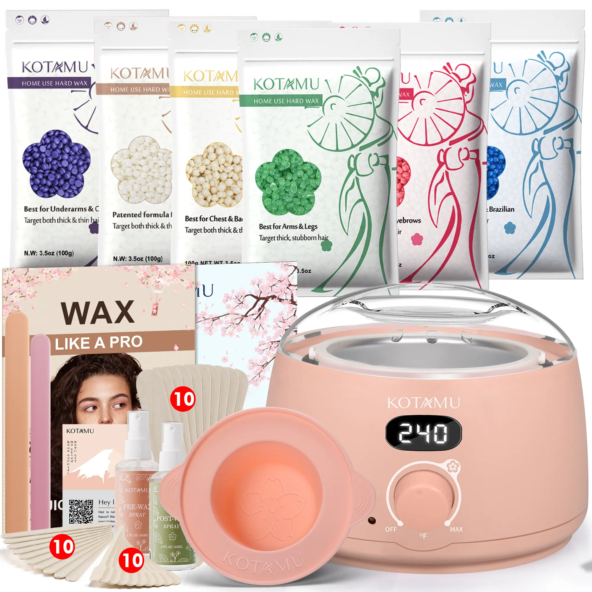 KOTAMU Waxing Kit for Smooth Skin - A Gentle Hair Removal Solution with Digital Warmer & Reusable Tools for Face and Body, for Men, Women & All Skin Types, Safe Hair Remover, Bikini Line, Silicone Pot, Beauty Products, Soft Wax Waxing