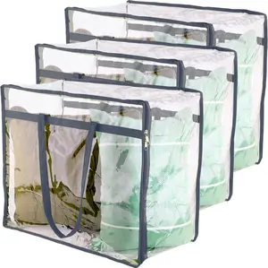 Clear Vinyl Zippered Storage Bags (3-Pack) 40L Sturdy Storage Bags for Sweaters, Blankets, Comforters, Bedding Sets and Much More! (Gray, 18x15x9)