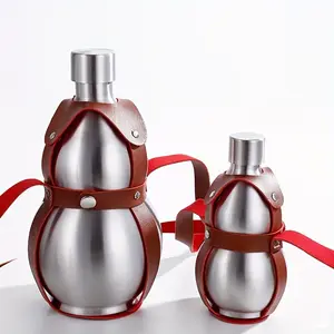Gourd Shaped Stainless Steel Hip Flask with Leather Carry Strap, Portable Outdoor Whiskey Bottle, Unique Gift for Campers & Retro Fans