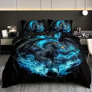 A 3-piece set of Storm Dragon digital printed bedding, Bedding sets, made of polyester material, including 1 duvet cover and 2 pillowcases (unfilled), preferred for bedrooms, dormitories, holidays