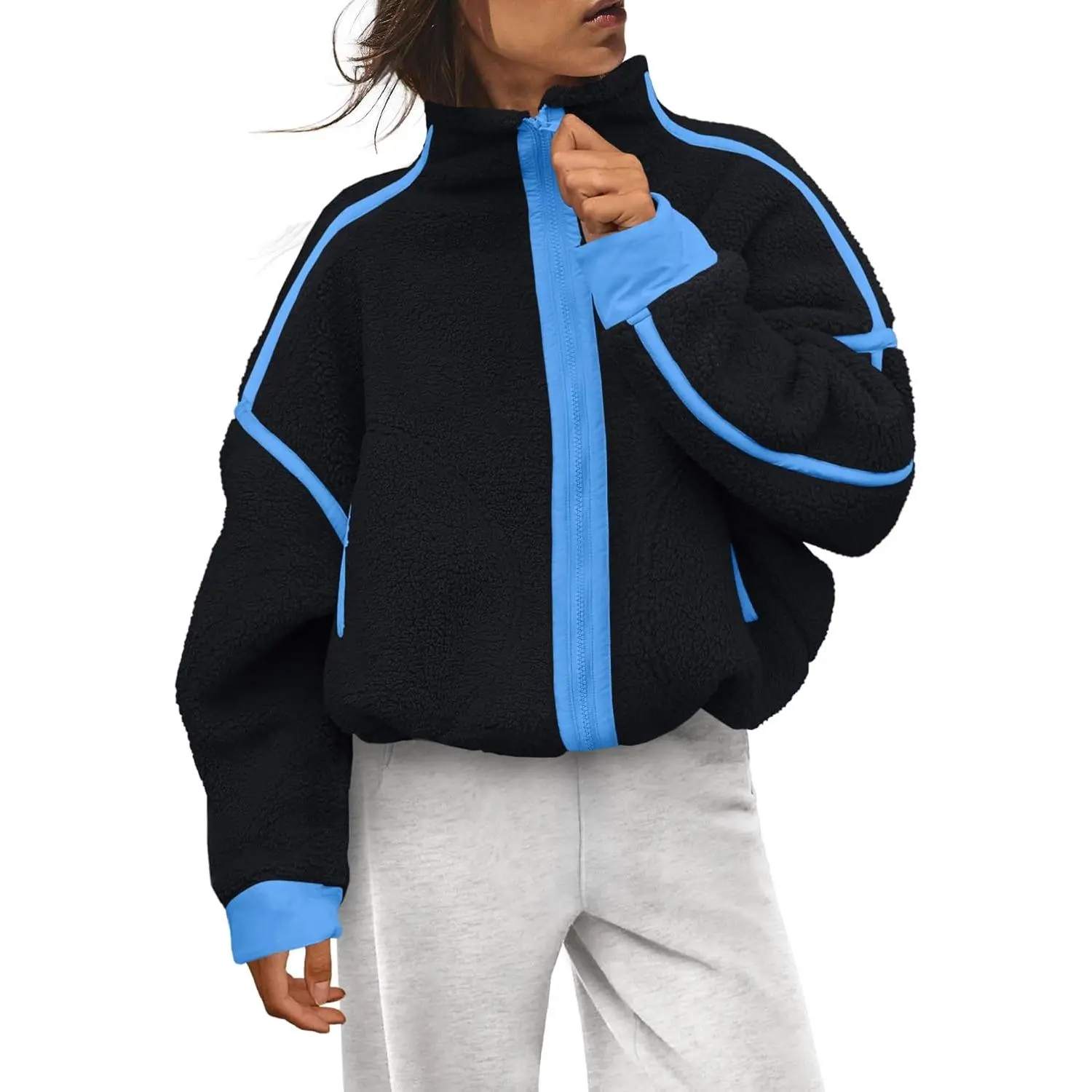 Women's Large Oversized Mock Neck Zip-Up Fleece Pullover - Striped Long-Sleeve Sherpa Sweatshirt with Pockets, Festive & Party Gifting Outerwear, Tops, Casual