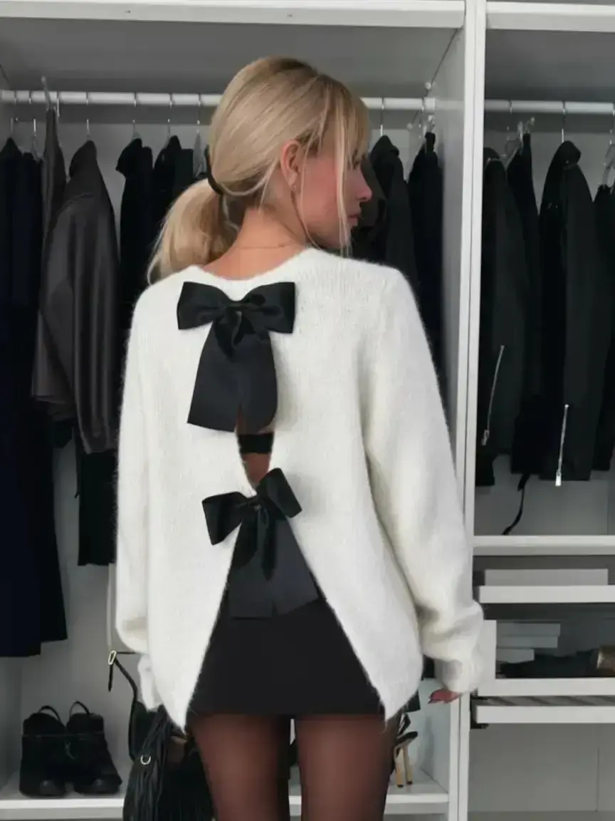 Women's Plain Minimalist Bow Back Detail Sweater Pullover, Cute Fuzzy Long Sleeve Jumper for Fall & Winter, Women's Knitwear for Daily Wear, Womenswear, Tops, Basic