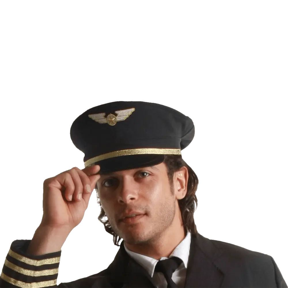 Airline Pilot Hat For Adults - Gold Trim Cap with Embroidered Emblem - Pilot Costume Dress Up Accessory - Perfect for Halloween, Career Day, Theme Party & Cosplay