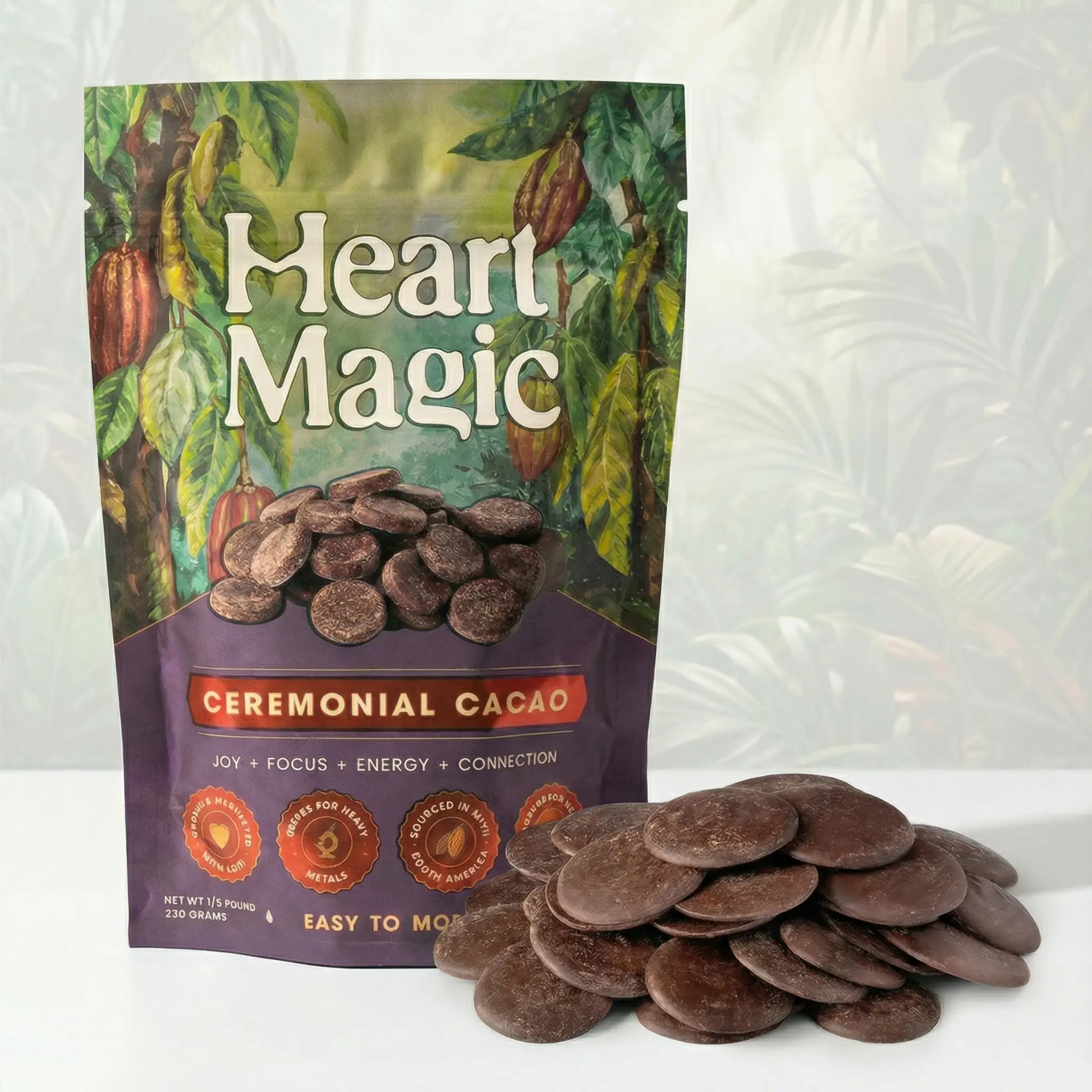 Heart Magic Ceremonial Cacao Discs - 100% Peru Heirloom Ceremonial Cacao Cocoa - Sugar-Free - Vegan Natural Energy Chocolate Drink - Ethically Sourced for Ritual Use