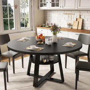 47" Inch Round Dining Table for 4, Farmhouse Dining Room Circle Dinner Table,Space Saving Wood Kitchen & Dining Room Furniture, Round Tables with Storage and Metal Square Legs, Black