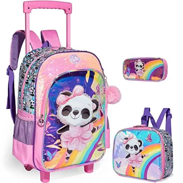 Girls' Chic 3-Piece Rolling Book Bag Set - Nylon Trolley with Sequin Rainbow Cartoon Panda Backpack, Cute Lunch Pouch, Inline Skate Wheels, Hand Wash Only for Elementary School Back to School