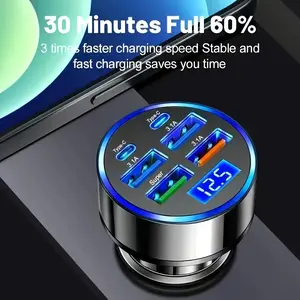 Multi-Port Car Charger with LED Voltage Monitor | 4 USB + 2 PD Cigarette Lighter Adapter | Universal Fit for Mobile Devices & Tablets [0]